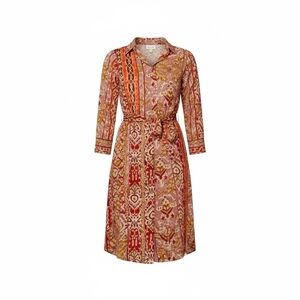 Fanco Vibrant Bohemian Collared Shirt Dress Tie Belt Multi Print Midi Small NWOT